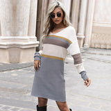 Women Knitted Sweater Autumn and Winter Leisure Women's Loose Long Sleeve V-neck Color-Block Long Sweater Dress