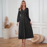 Women Date Dress Single-Breasted Cardigan Skirt V-neck Bubble Long Sleeve Dress