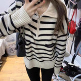 Women Knitwear Autumn and Winter Striped Turtleneck Zipper Knitwear Loose Sweater