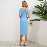 Women Date Dress round Neck Pleated Lace Dress