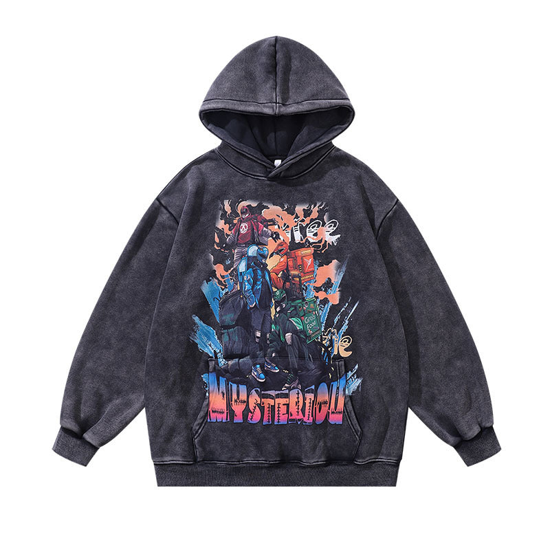 Men Hoodie Vintage Fleece-Lined Thickened Hooded Sweatshirt Washed Old Hoodie