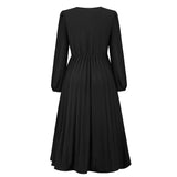Women Date Dress Sexy V-neck Bubble Lantern Sleeve Pleated Skirt
