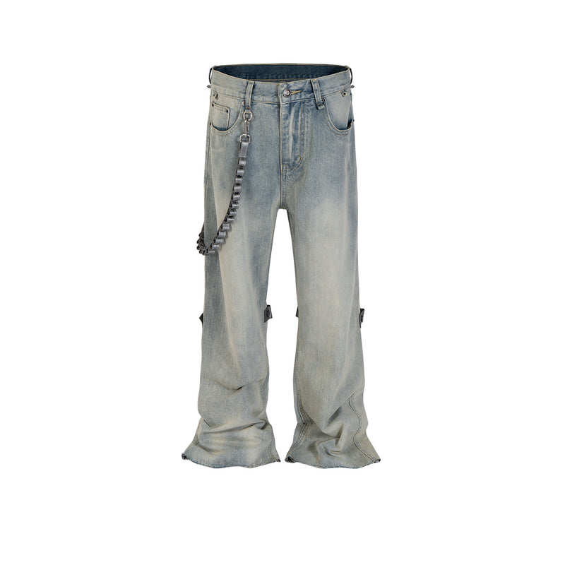 MIJKO Men's Vintage Pants MIJKO Men's Washed Trousers High Street Old Micro-pull Jeans