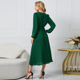 Women Date Dress Sexy V-neck Bubble Lantern Sleeve Pleated Skirt