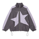 Men Jacket Coat Patch Five-Pointed Star Stand Collar Zipper Coat Color Matching Flight Jacket Loose