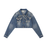 Women Jacket Five-Pointed Star Affixed Cloth Embroidered Short Denim Jacket