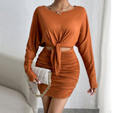 Women Dress Winter Long Sleeve round Neck Hollow Sheath Skirt