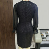 Women's Wedding Golden Sexy Retro Long Sleeve Chiffon Stitching Sequins Dress