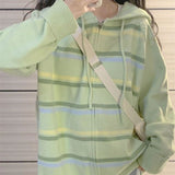 Women Knitwear Autumn and Winter Striped Hooded Sweater Coat Knitted Cardigan