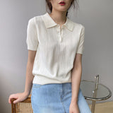 Women Knitted T-shirt Polo Short Sleeve Summer Lapels T-shirt