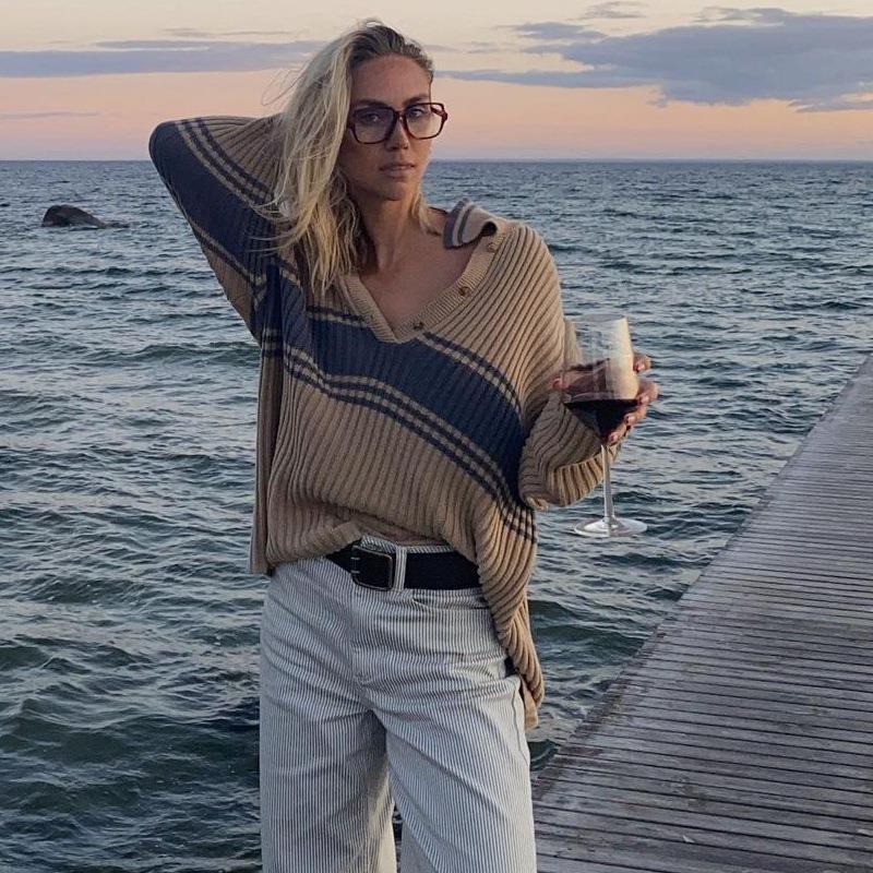 Women Knitted Sweater Spring and Autumn Long Sleeve Striped Sweater Top for Women