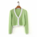 Women Sweater Knitwear Spring and Autumn V-neck Short Sleeve Slim Fit Single-Breasted Sweater
