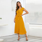 Women Date Dress Chiffon Pleated Dress Slim Fit Elegant Solid Color V-neck Dress
