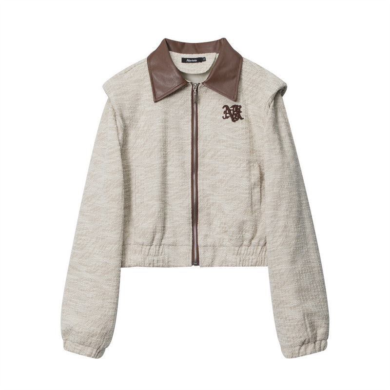 Women Jacket Color Stitching Turnover Neck Short Padded Shoulder Jacket Casual Letter Embroidered Long Sleeve Sports Jacket