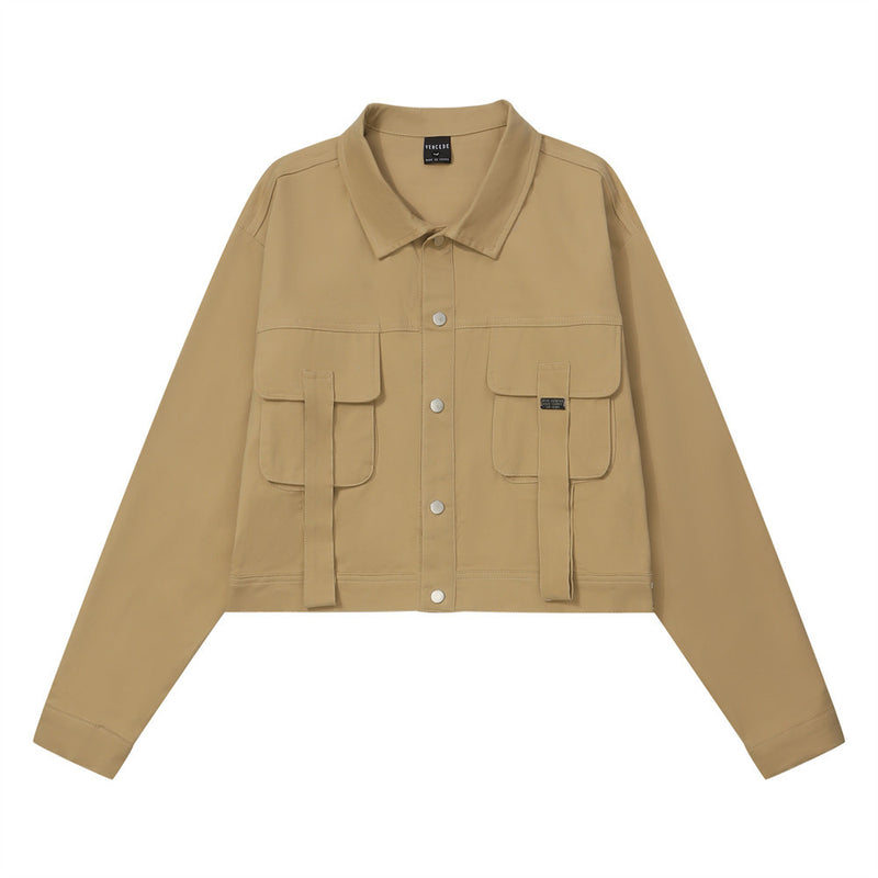 Women Jacket Casual Retro Autumn Solid Color Pocket Decorative Jacket