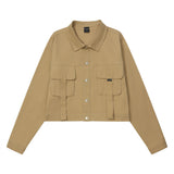 Women Jacket Casual Retro Autumn Solid Color Pocket Decorative Jacket