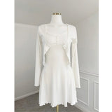 Women Dresses White V-neck Suspenders Dress Long Sleeve Cardigan Jacket Suit Skirt