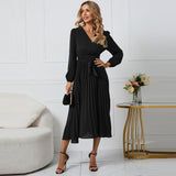 Women Date Dress Sexy V-neck Bubble Lantern Sleeve Pleated Skirt