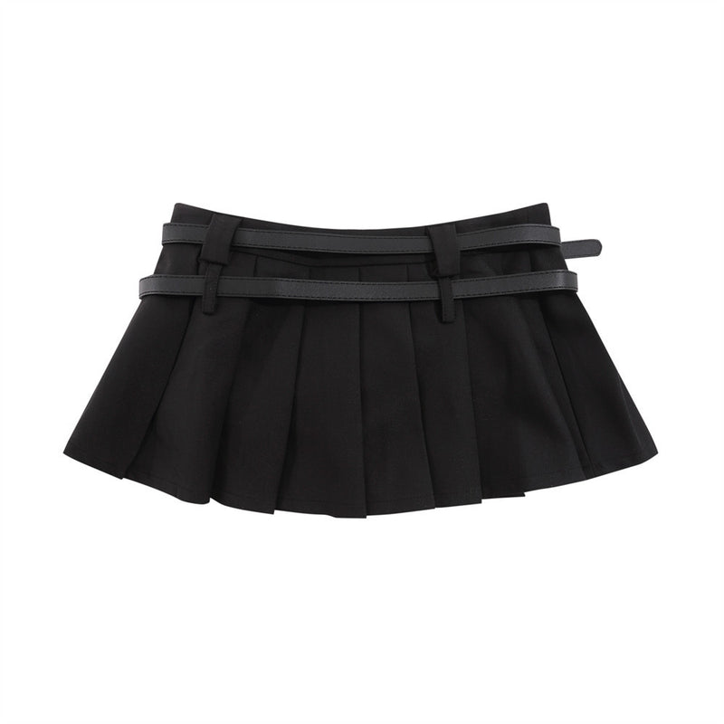Women Skirt Double Belt Pleated Skirt Women's Summer Short Skirt