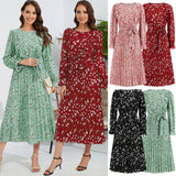 Women Date Dress Autumn and Winter Leisure Floral V-neck Long-Sleeve Dress