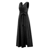 Women Date Dress Sexy Sleeveless V-neck Slit Slim Fit Long Dress