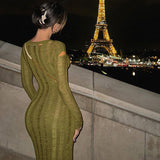 Women Dresses Winter Sexy Cutout Ripped Wool Long Sleeve Dress