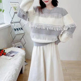 Women Knitwear Autumn and Winter Striped Tassel round Neck Sweater Loose Sweater