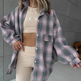 Women Trench Coat Color Plaid Shirt Autumn and Winter Thin Plaid Long Sleeve Shirt