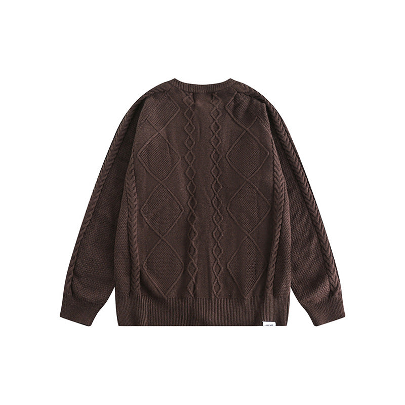Unisex Winter Cotton Coat Twist round Neck Knitted Sweater Vintage Cardigan Sweater