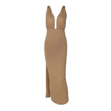 Women Dresses Summer Sexy Deep V-neck Backless Fold Split Dress
