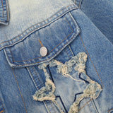 Women Jacket Five-Pointed Star Affixed Cloth Embroidered Washed White Denim Jacket