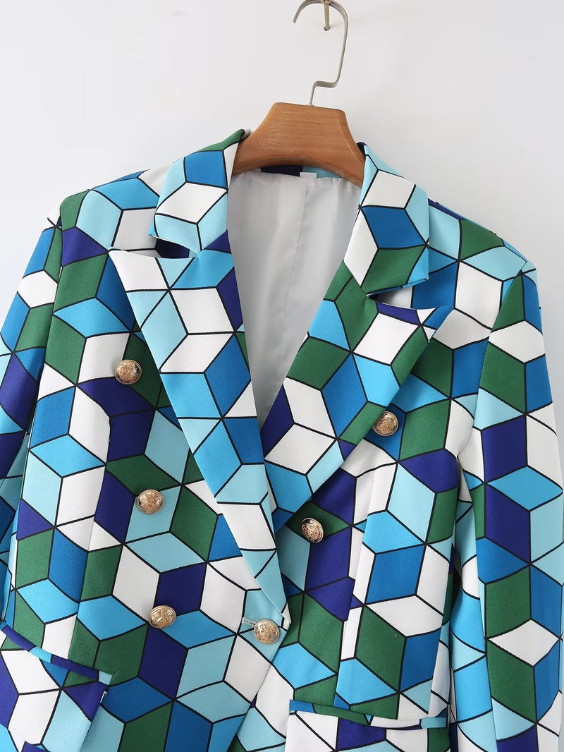 Women Suits Loose Geometric Print Blazer