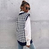 Women Knitted Sweater Autumn Loose Houndstooth V-neck Knitted Vest Women