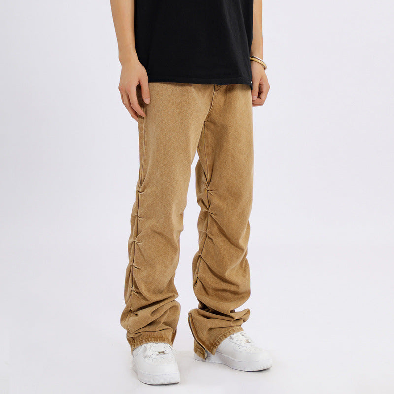 Men Jeans Pleated Casual Pants Men's Horn Loose Straight Trousers