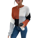 Women Knitted Sweater Fall Long Sleeve Color Matching Turtleneck Sweater Loose
