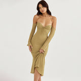 Women Dresses Chiffon Sexy Backless Dress Long Sleeve (Bla0420)