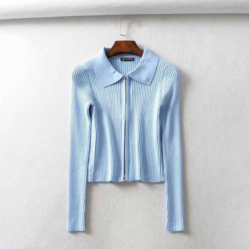 Women Sweater Knitwear Autumn Sexy Slim Lapel Double-Headed Zipper Navel Jacket