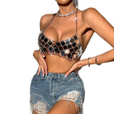 Women Party Tops Metal Sequins Nightclub Backless Short Tops