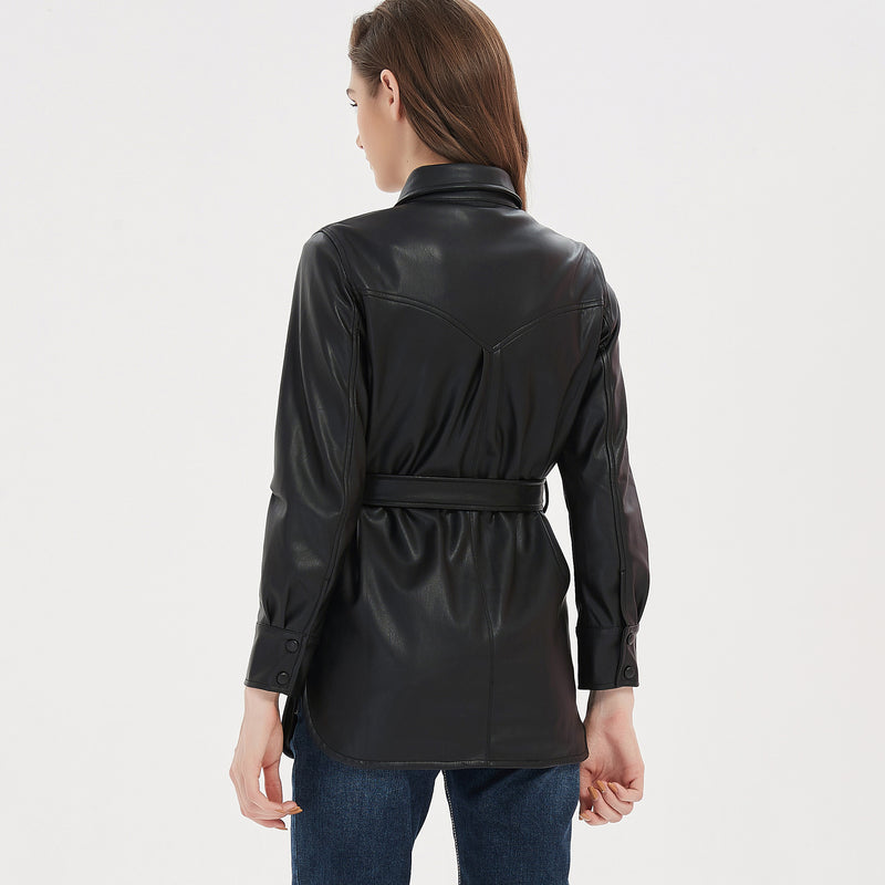Women Leather Jacket Imitation Leather Shirt Single-Breasted Long Sleeve