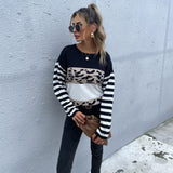 Women Knitted Sweater Loose round Neck Pullover Black and White Leopard Print Sweater