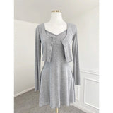 Women Dresses White V-neck Suspenders Dress Long Sleeve Cardigan Jacket Suit Skirt