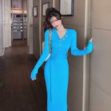Women Maxi Dress Autumn V-neck Button Slim Fit Hip-Wrapped Sweater Dress