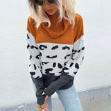Women Knitted Sweater Autumn and Winter Leisure Leopard Print Contrast Color Long Sleeve Pullover