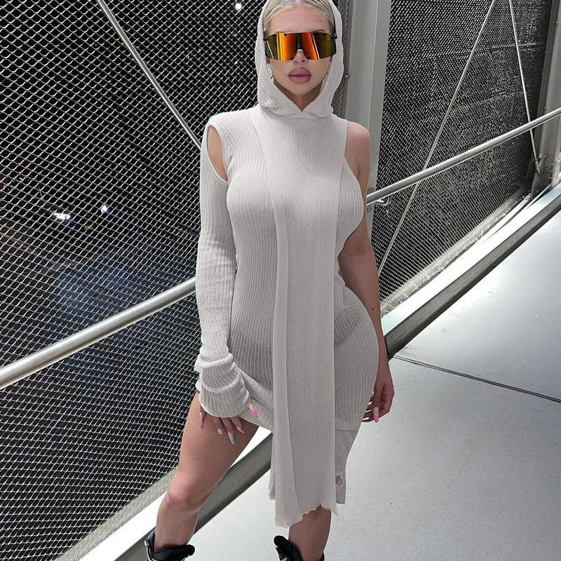 Women Dresses Autumn Shoulder Long Sleeve Hooded Dress
