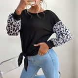 Women Knitted Sweater Crew Neck Long Sleeve Stitching Leopard Print Black Sweater