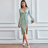 Women Dress Spring and Summer Leisure Slim Sheath V-neck Knitted Dress