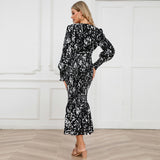 Women Date Dress Long Dress Leopard Print V-neck Belt Printed Fishtail Skirt