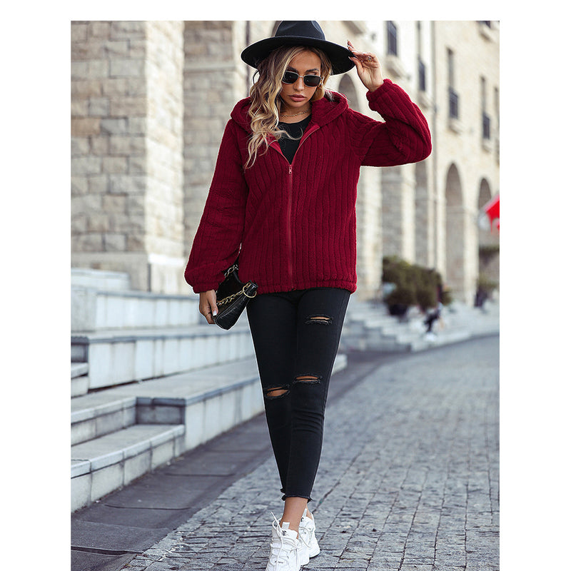 Women Trench Coat Fall Winter Hooded Long Sleeve Loose Zip Double-Sided Velvet Casual Jacket