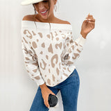 Women Knitted Sweater Autumn and Winter Knitting Leopard Print Long Sleeve off-Shoulder off-the-Shoulder Sweater