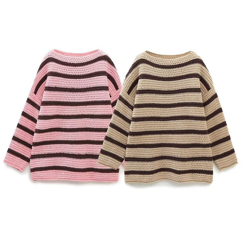 Women Sweater Knitwear Autumn Winter Retro Striped round Neck Sweater Loose Sweater